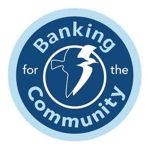 Dark blue and light blue Banking for the Community logo with BankGloucester double seagull icon.