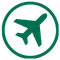 Green circle "travel" icon with airplane in center.