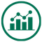 Green circle "insights" icon with bar graph and line gradually increasing in center.