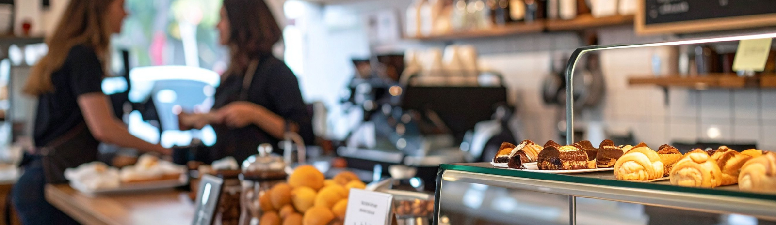 Close up of a front counter of a bakeries, overlooking the sweets, with two women workers conversating in the background.