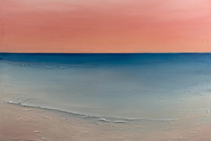Chris Mailler oil painting of beach at sunset. Pink sky, blue waters changing to clear as the sand gets closer with rippling waves.