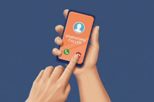 Close up of two hands holding a phone and clicking decline on an upcoming call from unknown caller.