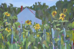 Jeannette Steele Esposito's acrylic painting of sunflowers with white house in background.