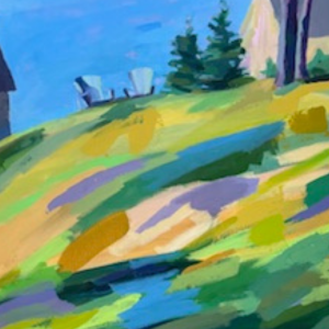 Jeannette Steele Esposito acrylic artwork of two chairs and a house at the top of a colorful hill.