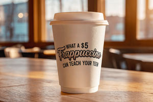 Close up of a coffee cup with the words "What a $5 Frappuccino can teach your teen", on a wooden table in a coffee shop.